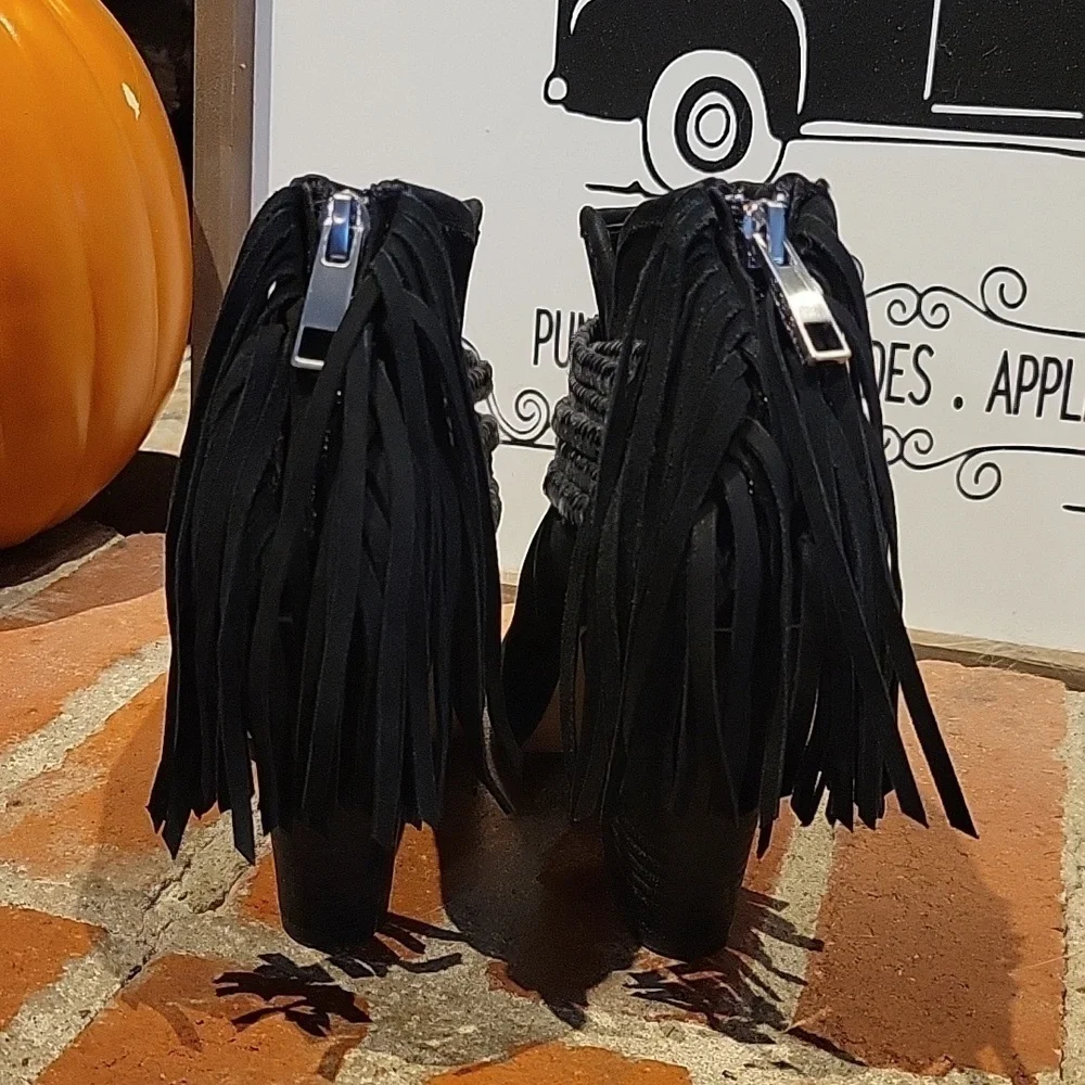 BCBGeneration open toe fringe black 3 1/2 in heel ankle boots with braid details